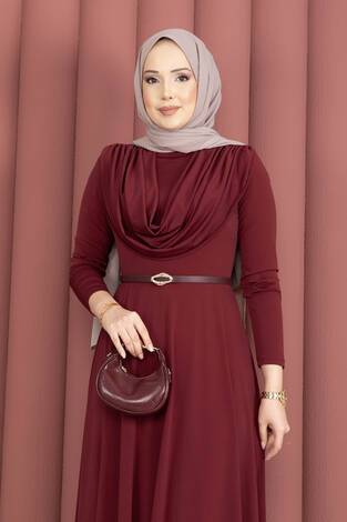 Degaje Yaka Beli Kemerli Sandy Elbise Bordo - Thumbnail