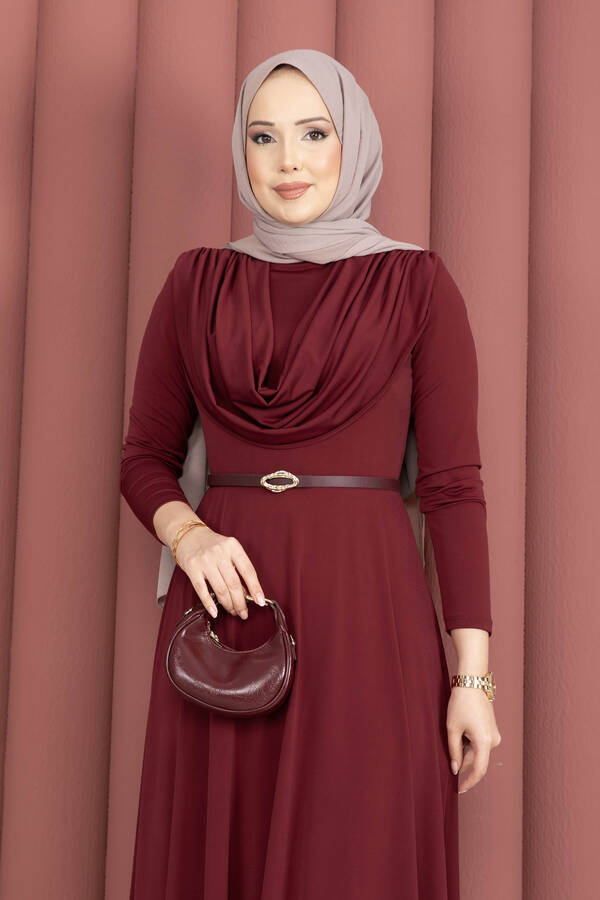 MD - Degaje Yaka Beli Kemerli Sandy Elbise Bordo (1)