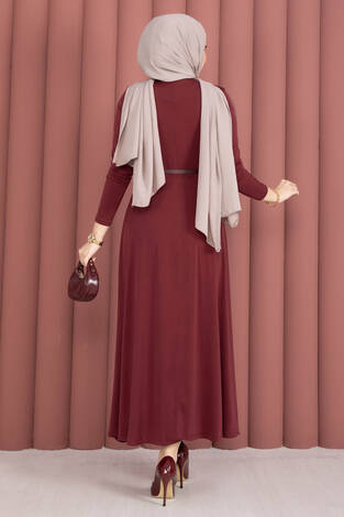 Degaje Yaka Beli Kemerli Sandy Elbise Bordo - Thumbnail