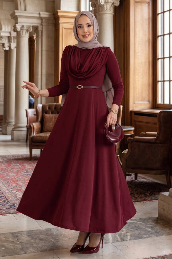 MD - Degaje Yaka Beli Kemerli Sandy Elbise Bordo