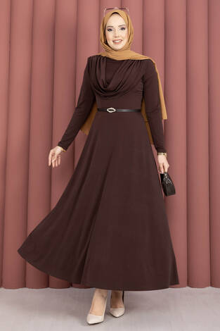 Degaje Yaka Beli Kemerli Sandy Elbise Kahve - Thumbnail