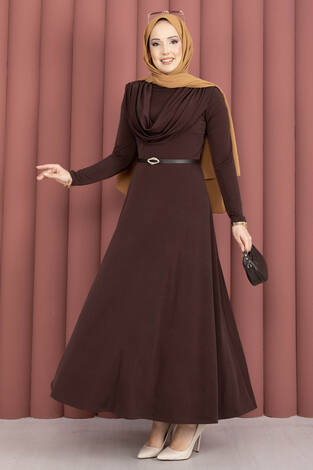 Degaje Yaka Beli Kemerli Sandy Elbise Kahve - Thumbnail