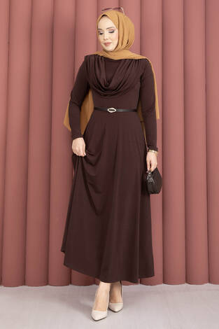 Degaje Yaka Beli Kemerli Sandy Elbise Kahve - Thumbnail