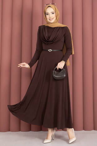 Degaje Yaka Beli Kemerli Sandy Elbise Kahve - Thumbnail