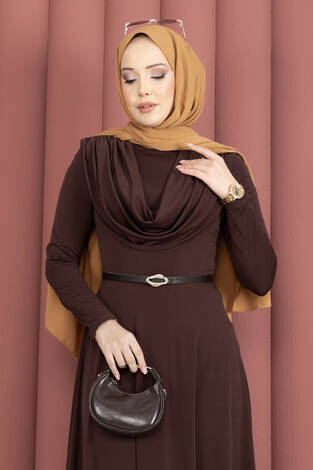 Degaje Yaka Beli Kemerli Sandy Elbise Kahve - Thumbnail