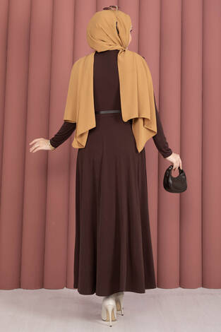 Degaje Yaka Beli Kemerli Sandy Elbise Kahve - Thumbnail