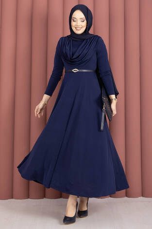 Degaje Yaka Beli Kemerli Sandy Elbise Lacivert - Thumbnail