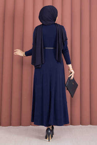 Degaje Yaka Beli Kemerli Sandy Elbise Lacivert - Thumbnail