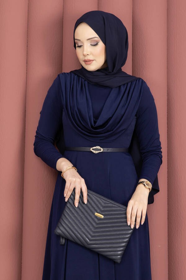 MD - Degaje Yaka Beli Kemerli Sandy Elbise Lacivert (1)