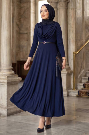 Degaje Yaka Beli Kemerli Sandy Elbise Lacivert