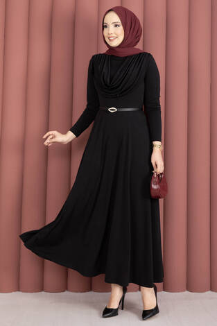 Degaje Yaka Beli Kemerli Sandy Elbise Siyah - Thumbnail