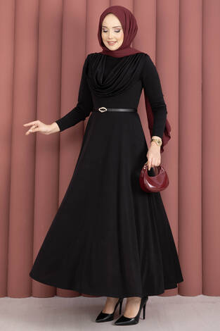 Degaje Yaka Beli Kemerli Sandy Elbise Siyah - Thumbnail