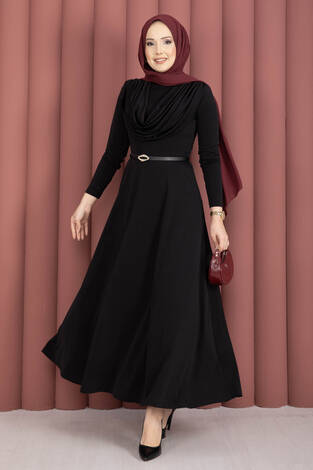 Degaje Yaka Beli Kemerli Sandy Elbise Siyah - Thumbnail