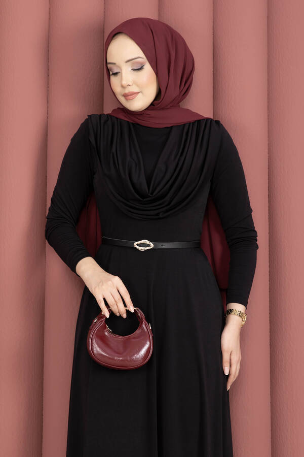 MD - Degaje Yaka Beli Kemerli Sandy Elbise Siyah (1)