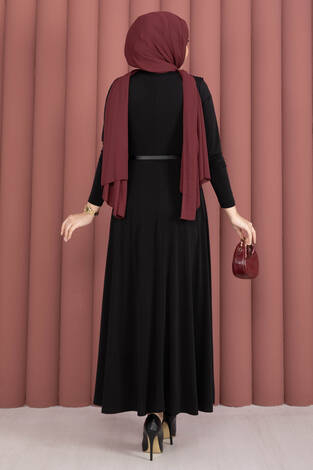 Degaje Yaka Beli Kemerli Sandy Elbise Siyah - Thumbnail