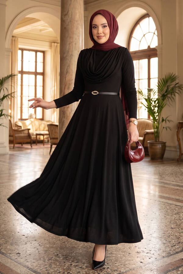 MD - Degaje Yaka Beli Kemerli Sandy Elbise Siyah