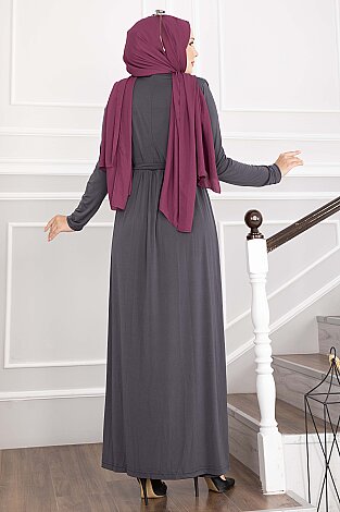 Degaje Yakalı Beli Kuşaklı Etekli Tulum Antrasit - 4