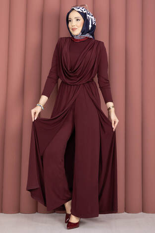 Degaje Yakalı Beli Kuşaklı Etekli Tulum Bordo - Thumbnail