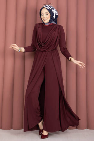 Degaje Yakalı Beli Kuşaklı Etekli Tulum Bordo - Thumbnail