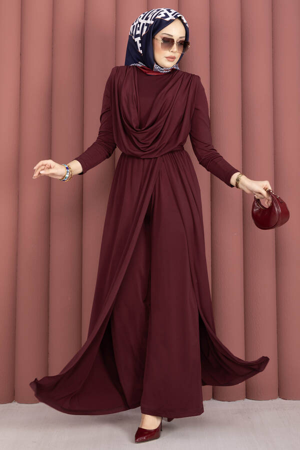 Sms - Degaje Yakalı Beli Kuşaklı Etekli Tulum Bordo