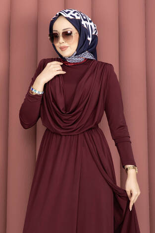 Degaje Yakalı Beli Kuşaklı Etekli Tulum Bordo - Thumbnail