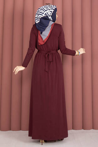 Degaje Yakalı Beli Kuşaklı Etekli Tulum Bordo - Thumbnail