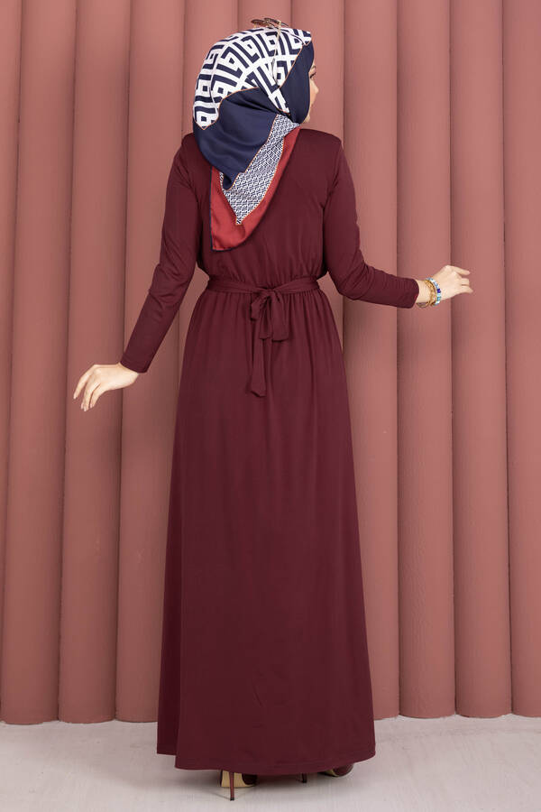 Degaje Yakalı Beli Kuşaklı Etekli Tulum Bordo - 7