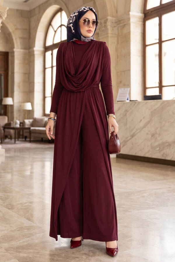Degaje Yakalı Beli Kuşaklı Etekli Tulum Bordo - 3