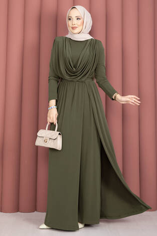 Degaje Yakalı Beli Kuşaklı Etekli Tulum Haki - Thumbnail