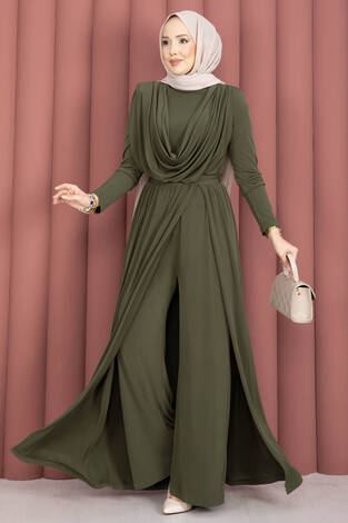 Degaje Yakalı Beli Kuşaklı Etekli Tulum Haki - Thumbnail