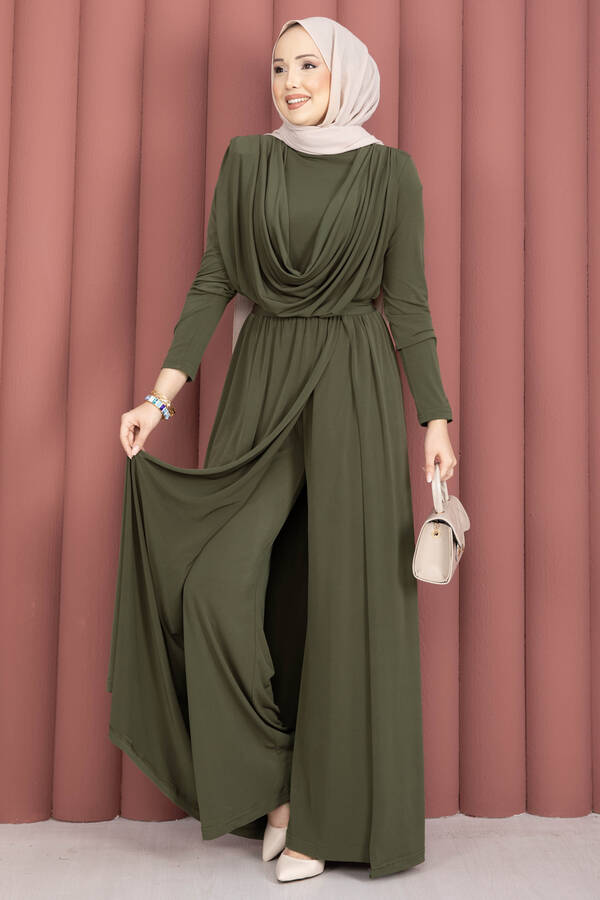 Sms - Degaje Yakalı Beli Kuşaklı Etekli Tulum Haki