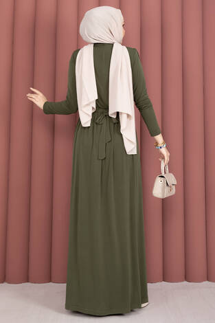Degaje Yakalı Beli Kuşaklı Etekli Tulum Haki - Thumbnail
