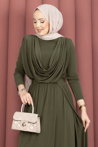 Degaje Yakalı Beli Kuşaklı Etekli Tulum Haki - Thumbnail