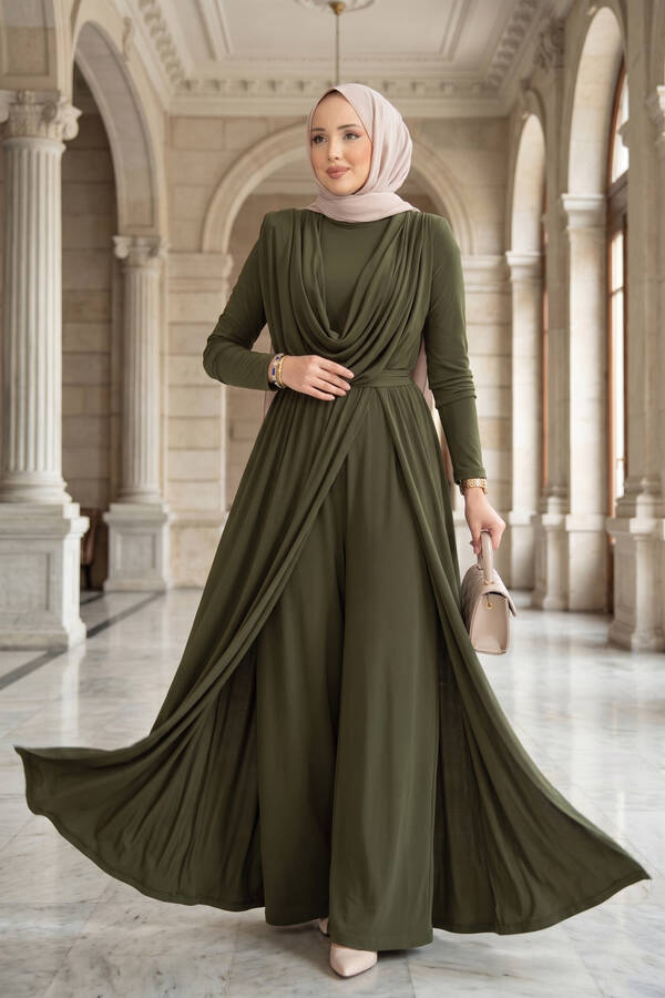 Sms - Degaje Yakalı Beli Kuşaklı Etekli Tulum Haki