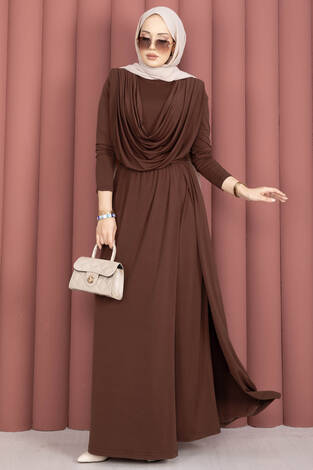 Degaje Yakalı Beli Kuşaklı Etekli Tulum Kahve - Thumbnail