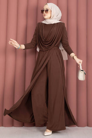 Degaje Yakalı Beli Kuşaklı Etekli Tulum Kahve