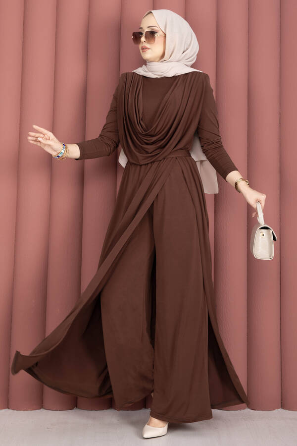 Sms - Degaje Yakalı Beli Kuşaklı Etekli Tulum Kahve