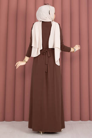 Degaje Yakalı Beli Kuşaklı Etekli Tulum Kahve - Thumbnail