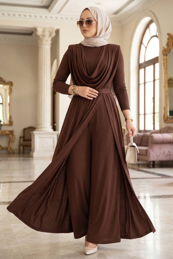 Sms - Degaje Yakalı Beli Kuşaklı Etekli Tulum Kahve