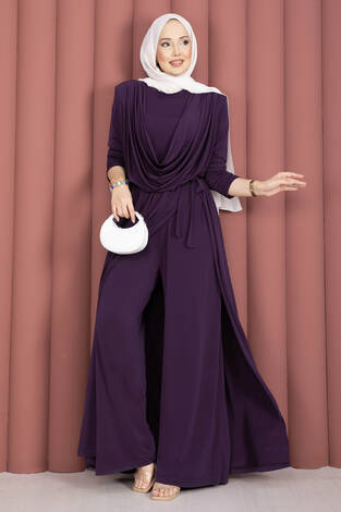 Degaje Yakalı Beli Kuşaklı Etekli Tulum Mürdüm