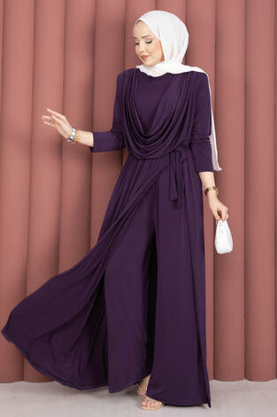 Degaje Yakalı Beli Kuşaklı Etekli Tulum Mürdüm - Thumbnail