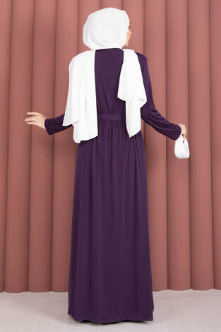 Degaje Yakalı Beli Kuşaklı Etekli Tulum Mürdüm - Thumbnail