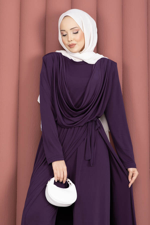 Sms - Degaje Yakalı Beli Kuşaklı Etekli Tulum Mürdüm (1)