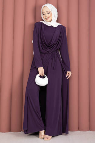 Degaje Yakalı Beli Kuşaklı Etekli Tulum Mürdüm - Thumbnail