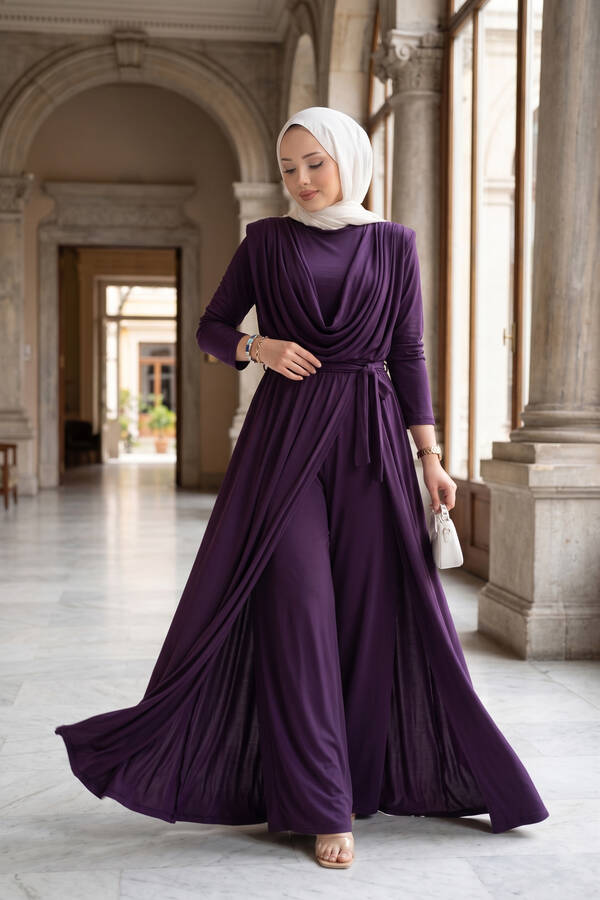 Sms - Degaje Yakalı Beli Kuşaklı Etekli Tulum Mürdüm