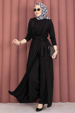 Degaje Yakalı Beli Kuşaklı Etekli Tulum Siyah