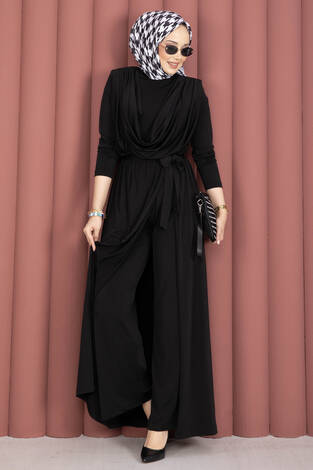 Degaje Yakalı Beli Kuşaklı Etekli Tulum Siyah - Thumbnail