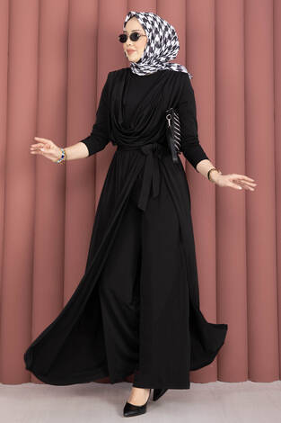 Degaje Yakalı Beli Kuşaklı Etekli Tulum Siyah - Thumbnail