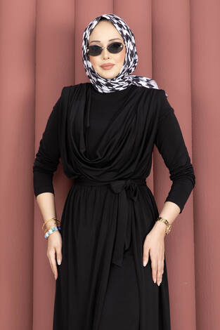 Degaje Yakalı Beli Kuşaklı Etekli Tulum Siyah - Thumbnail