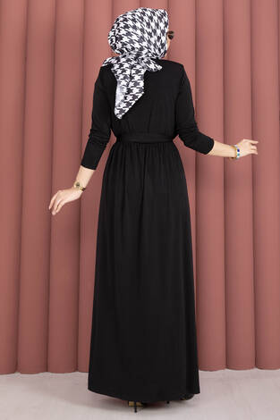 Degaje Yakalı Beli Kuşaklı Etekli Tulum Siyah - Thumbnail